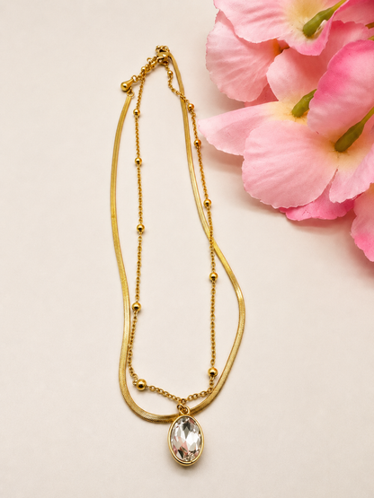Golden Oval Crystal Layered Necklace