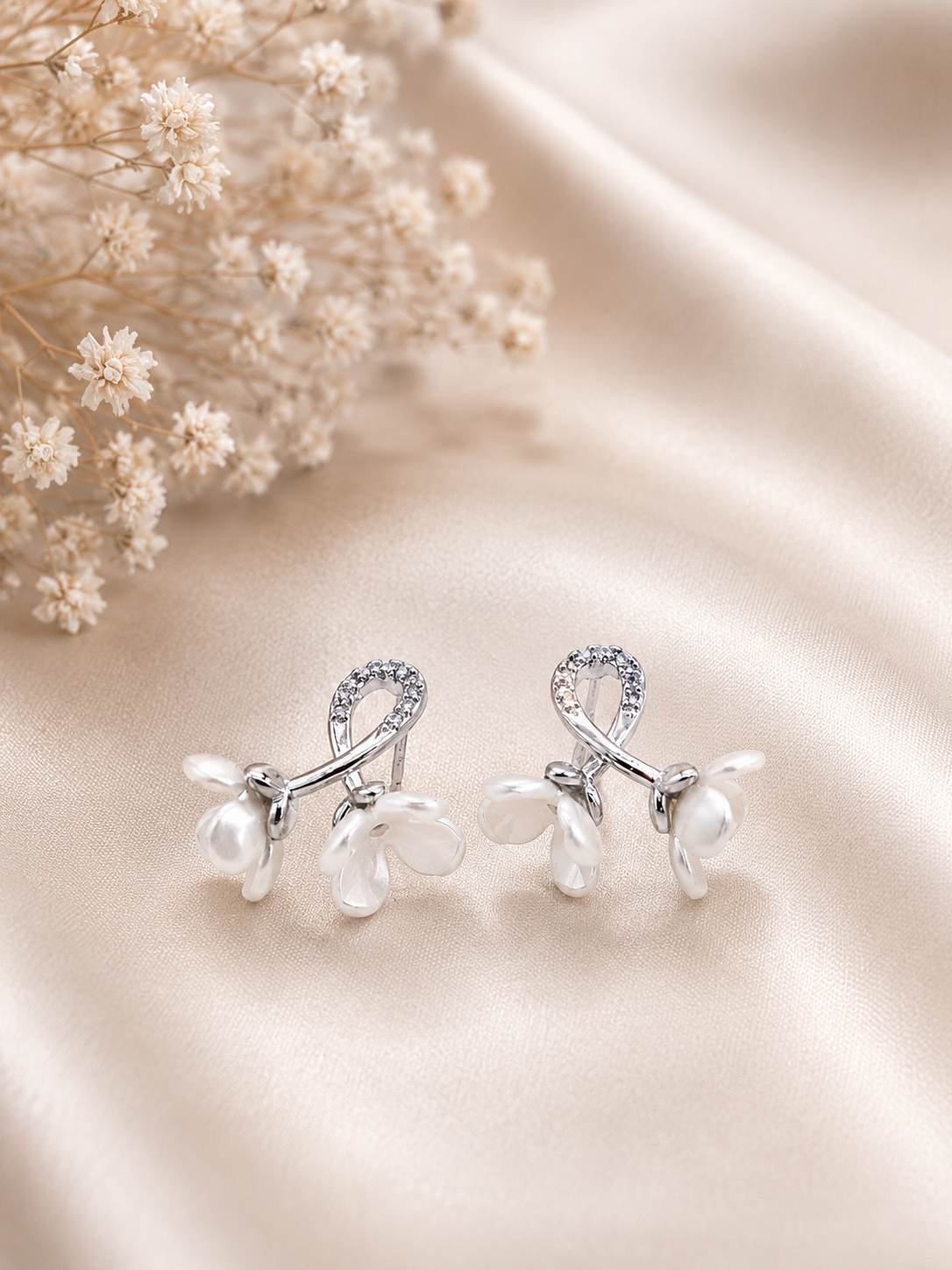 Silver White Flower Drop Earrings