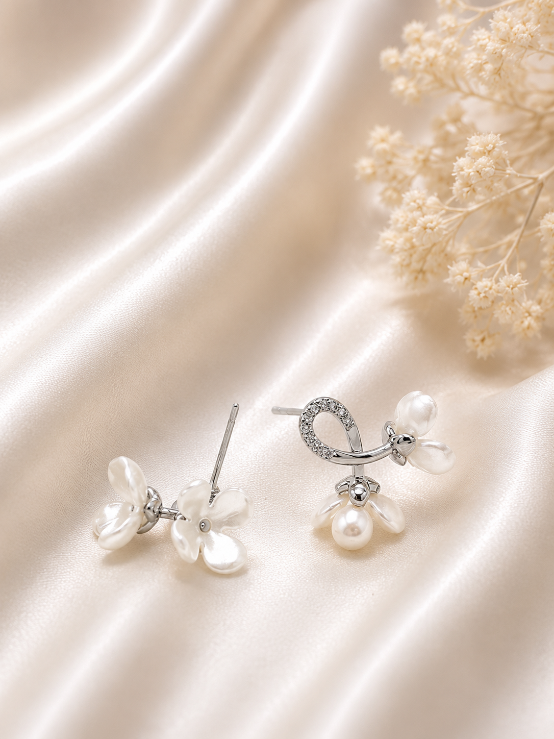 Silver White Flower Drop Earrings