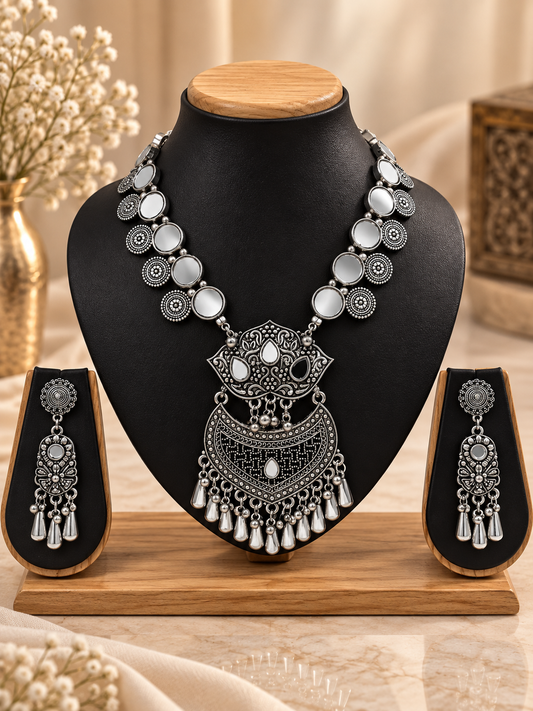 Oxidized Silver Mirrorwork Tribal Necklace Set