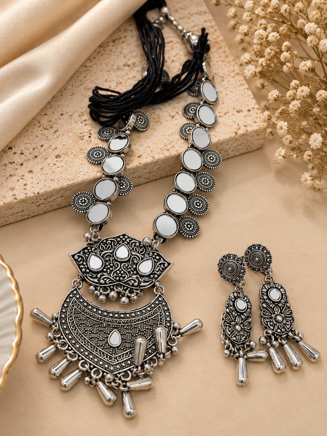 Oxidized Silver Mirrorwork Tribal Necklace Set