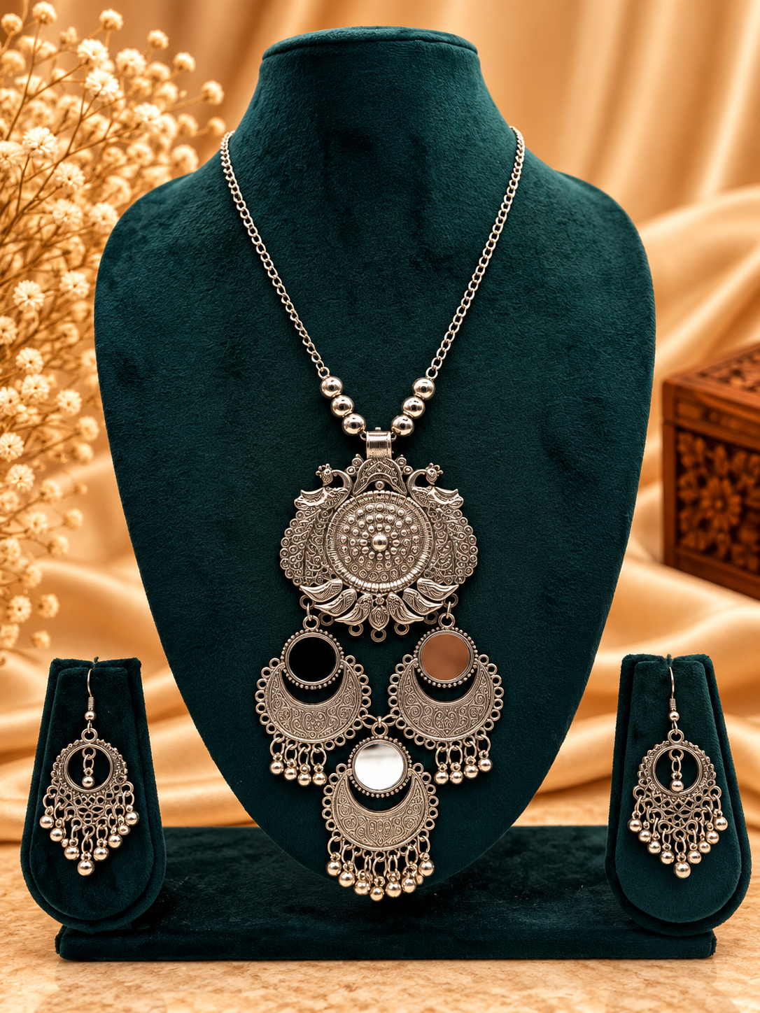 Oxidized Silver Moonlayer Chandra Necklace Set