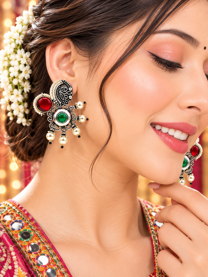 Green & Red Pearl Ethnic Earrings