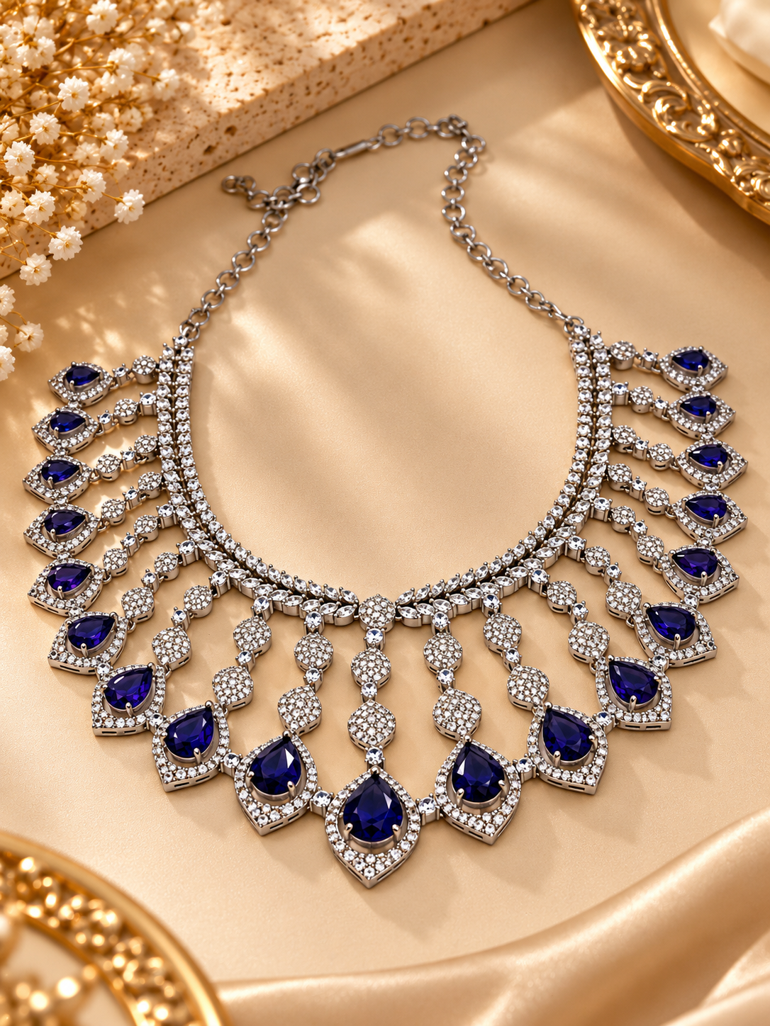 Royal Sapphire Cascade American Diamond Necklace Set