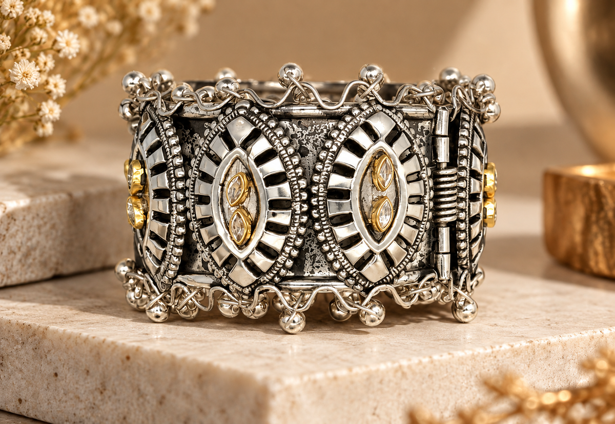 Antique Silver Black & Gold Tribal Statement BRACELET