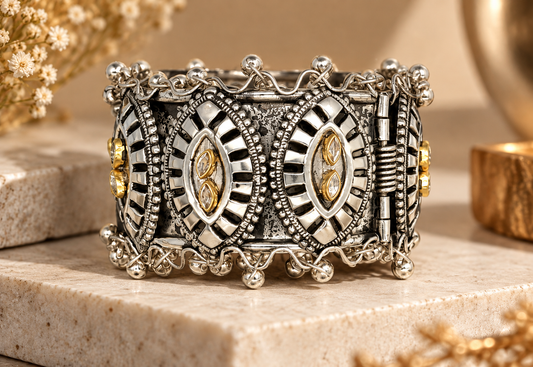 Antique Silver Black & Gold Tribal Statement BRACELET