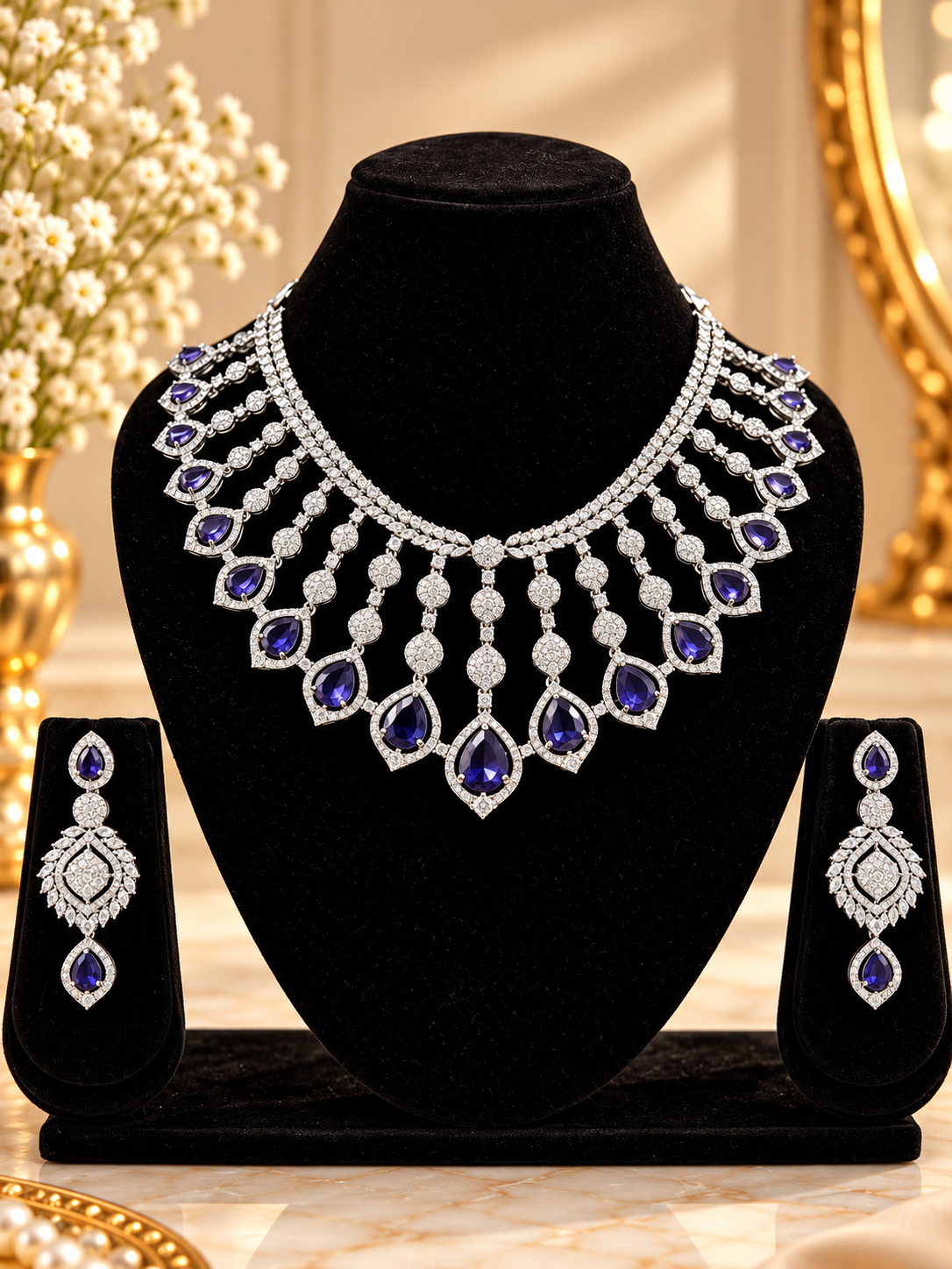 Royal Sapphire Cascade American Diamond Necklace Set