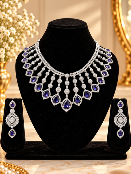 Royal Sapphire Cascade American Diamond Necklace Set