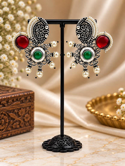 Green & Red Pearl Ethnic Earrings
