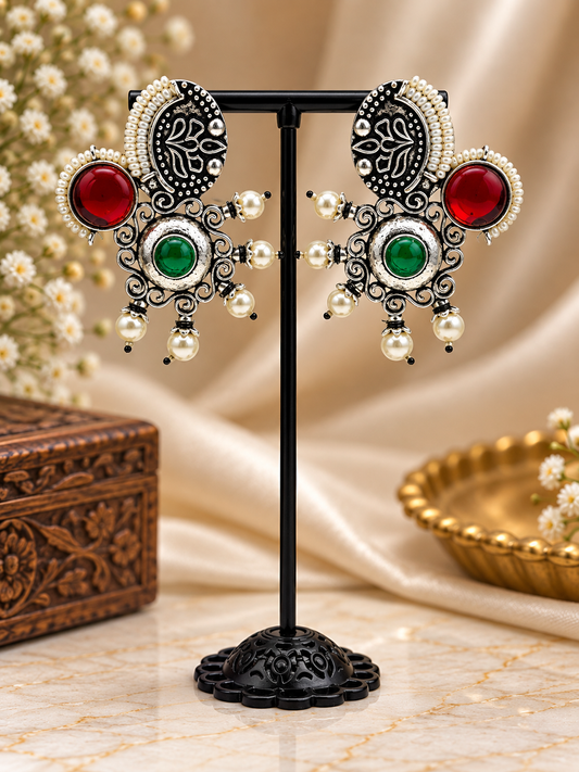 Green & Red Pearl Ethnic Earrings