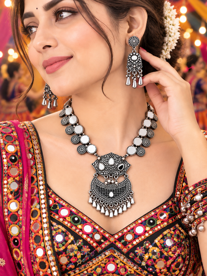 Oxidized Silver Mirrorwork Tribal Necklace Set