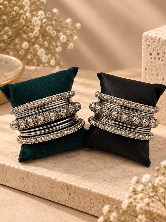 Antique Floral Oxidized Silver Bangle Set