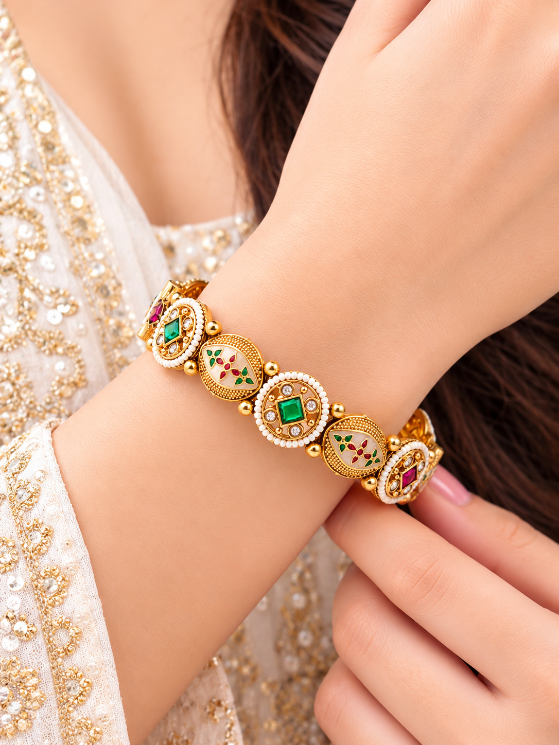 Emerald Floral Meenakari Link Bracelet