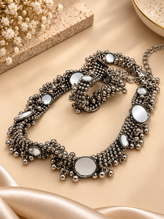 Oxidized Silver Oval Mirror Waist Chain