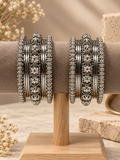 Antique Floral Oxidized Silver Bangle Set