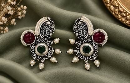 Green & Red Pearl Ethnic Earrings