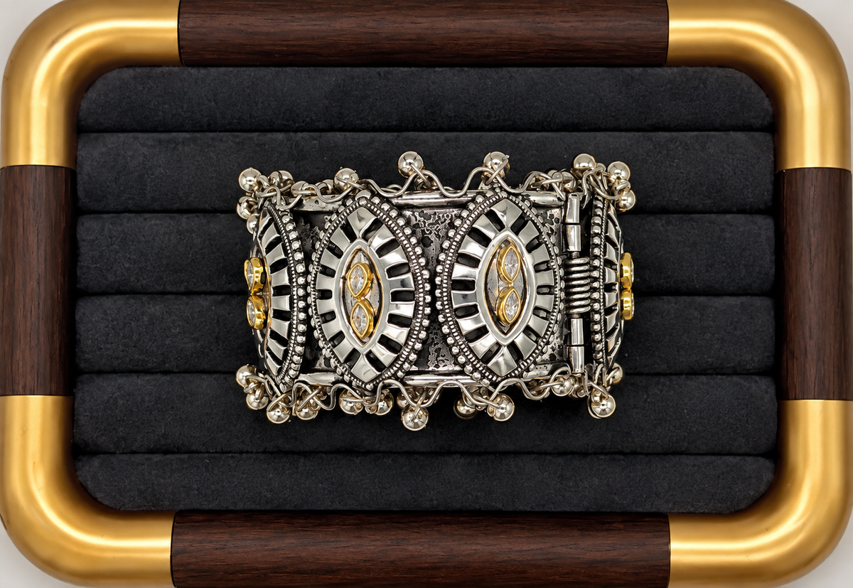 Antique Silver Black & Gold Tribal Statement BRACELET