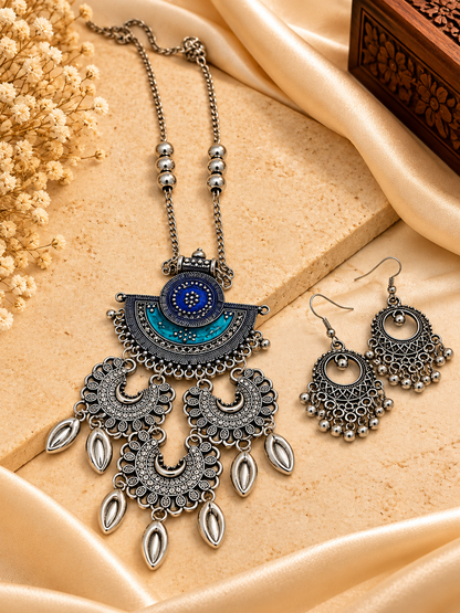 Oxidized Silver Peacock Mandala Long Necklace Set