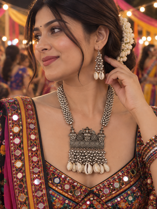 Pearl Cascade Oxidized Silver Necklace Set
