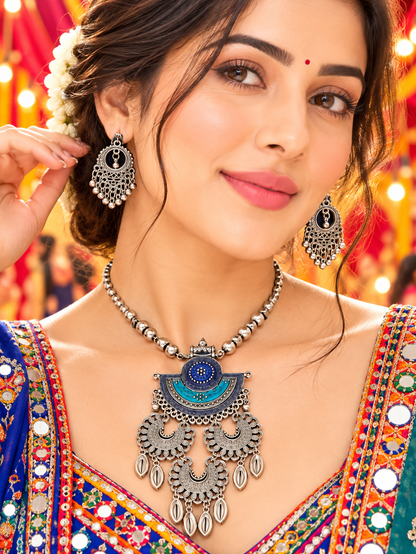 Oxidized Silver Peacock Mandala Long Necklace Set