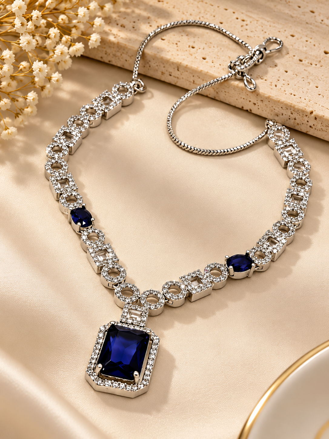 Royal Blue Geometric American Diamond Necklace Set