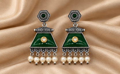 Green Enamel Pearl Drop Earrings