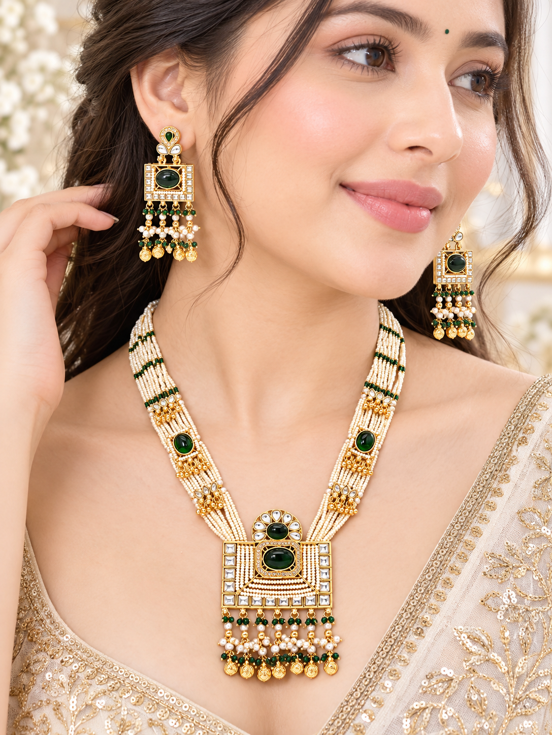 Emerald Kundan Long Necklace Set