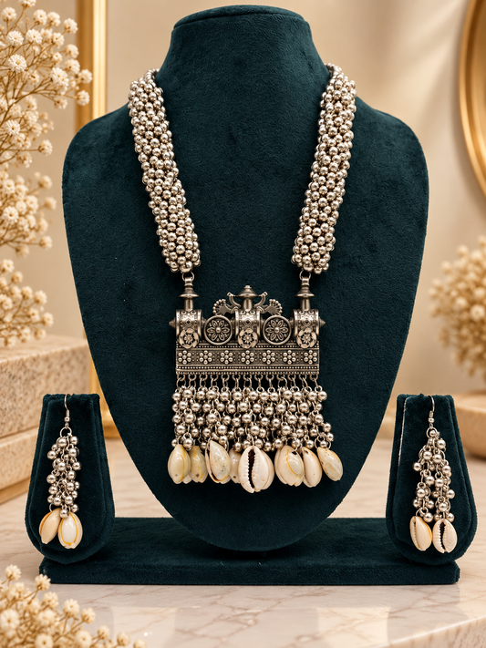 Pearl Cascade Oxidized Silver Necklace Set