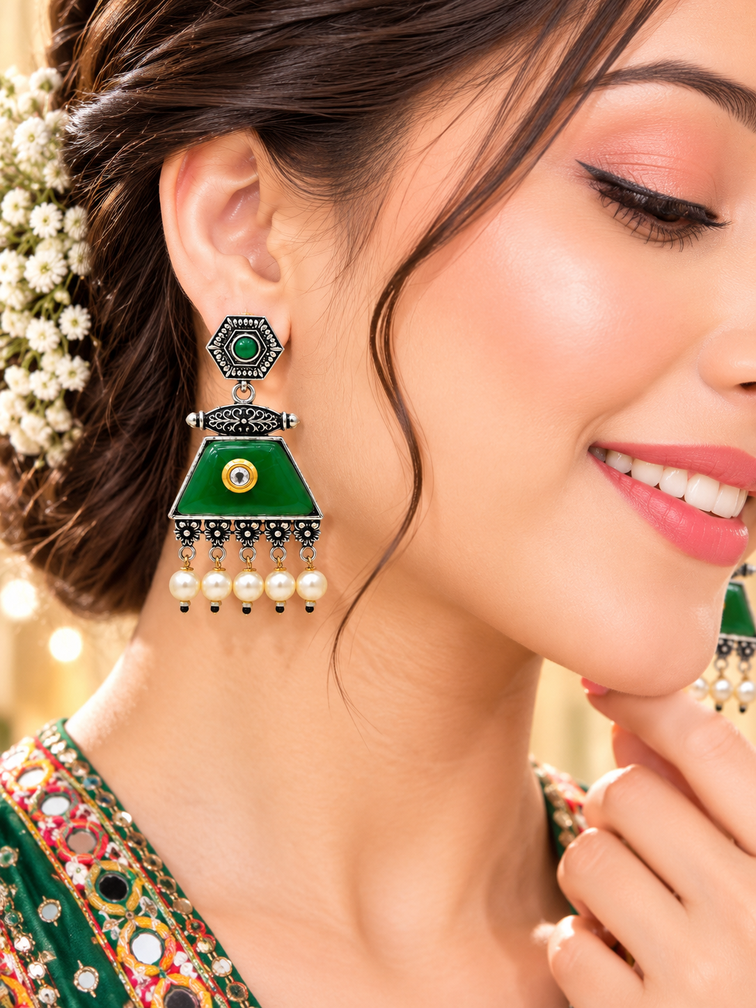 Green Enamel Pearl Drop Earrings