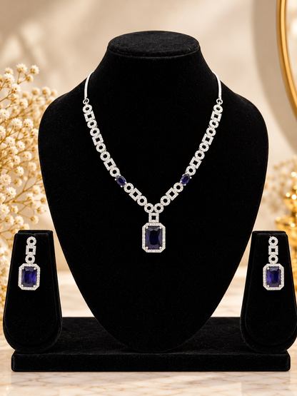 Royal Blue Geometric American Diamond Necklace Set