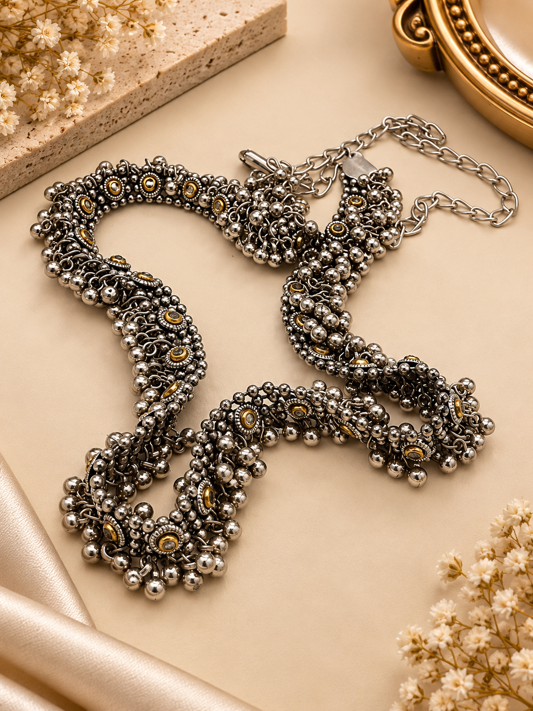 Oxidized Silver Golden Accent Waist Chain