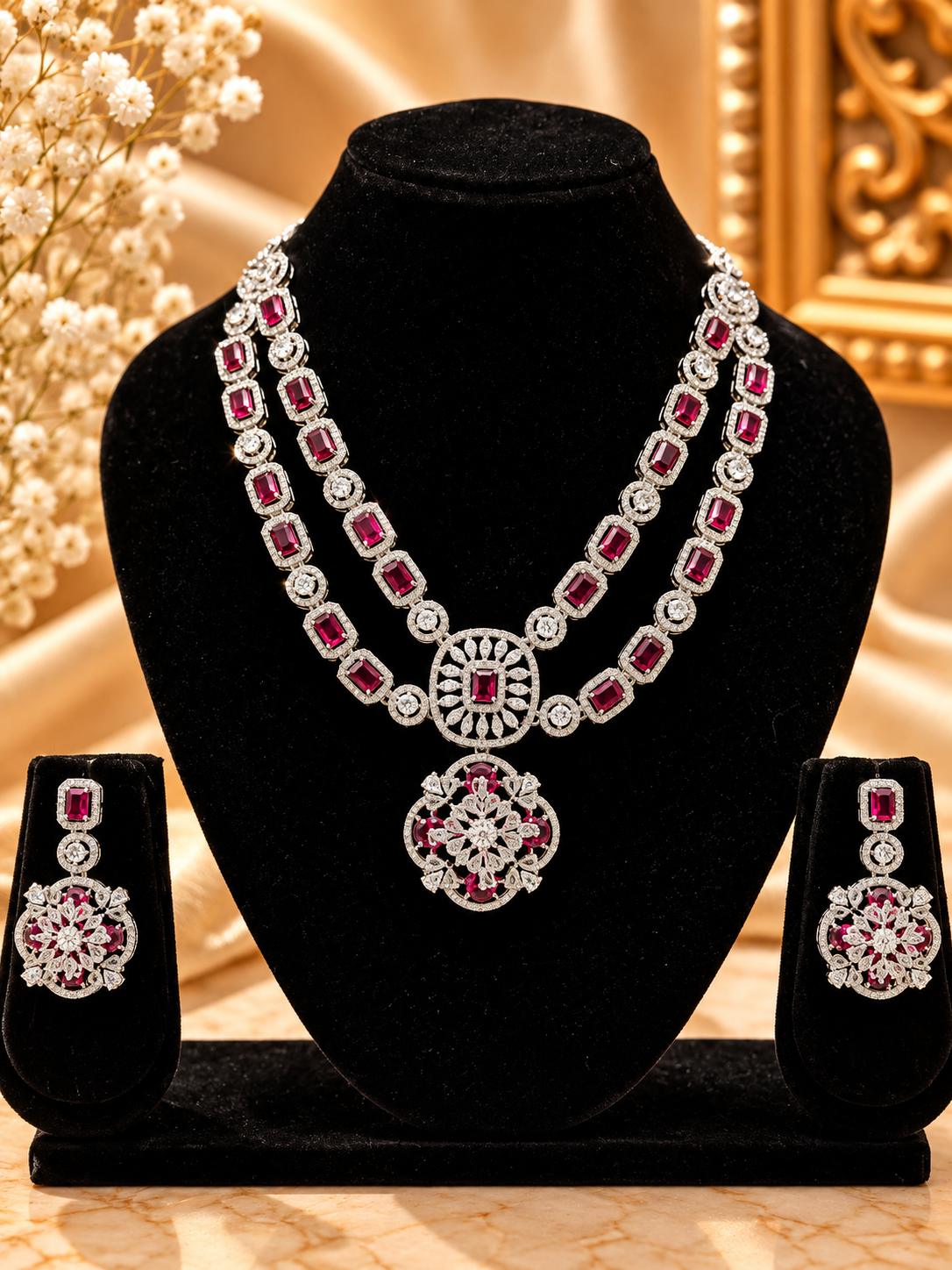 Ruby Red Regal Double-Layer AD Necklace Set