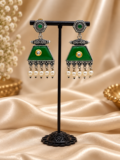 Green Enamel Pearl Drop Earrings