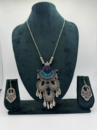 Oxidized Silver Peacock Mandala Long Necklace Set