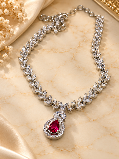 Ruby Red Leaf Vine AD Necklace Set