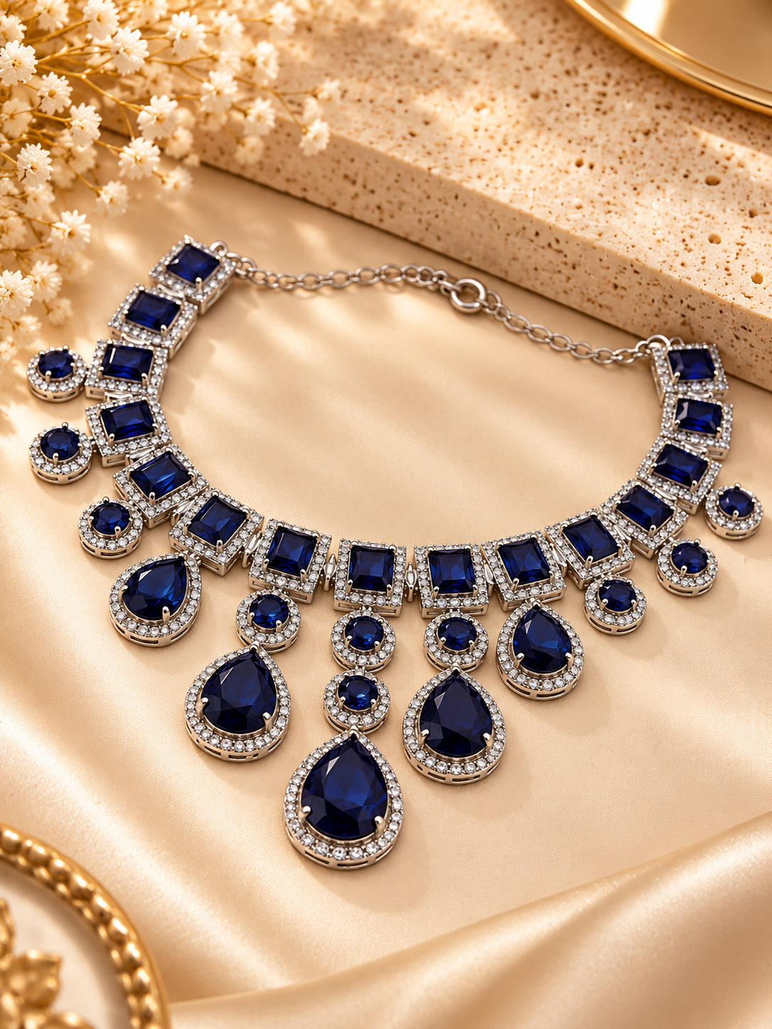Royal Sapphire Statement American Diamond Necklace Set