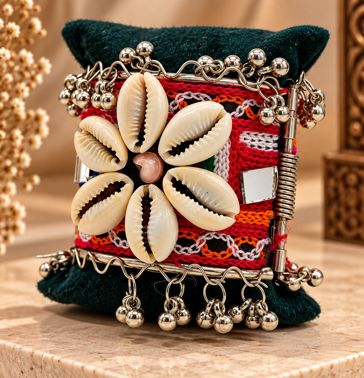 Antique Silver Red Tribal Cowrie Shell Statement BRACELET