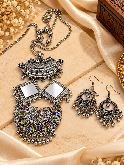Oxidized Silver Multicolor Geometric Pendant Necklace Set