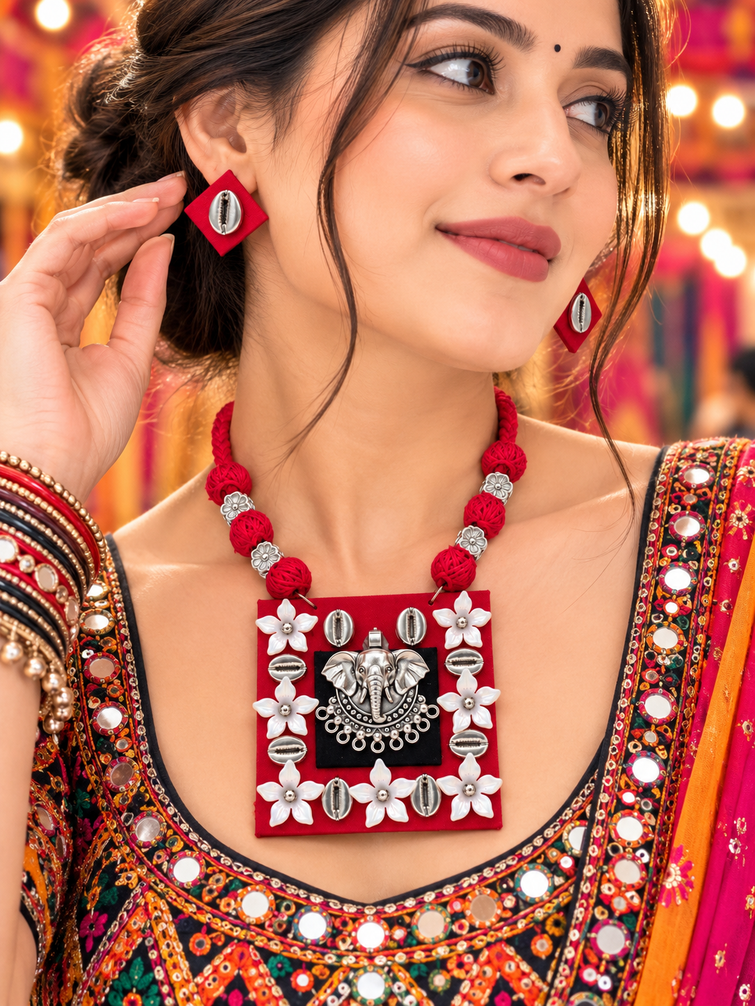 Red Ganesha Cotton Navratri Necklace