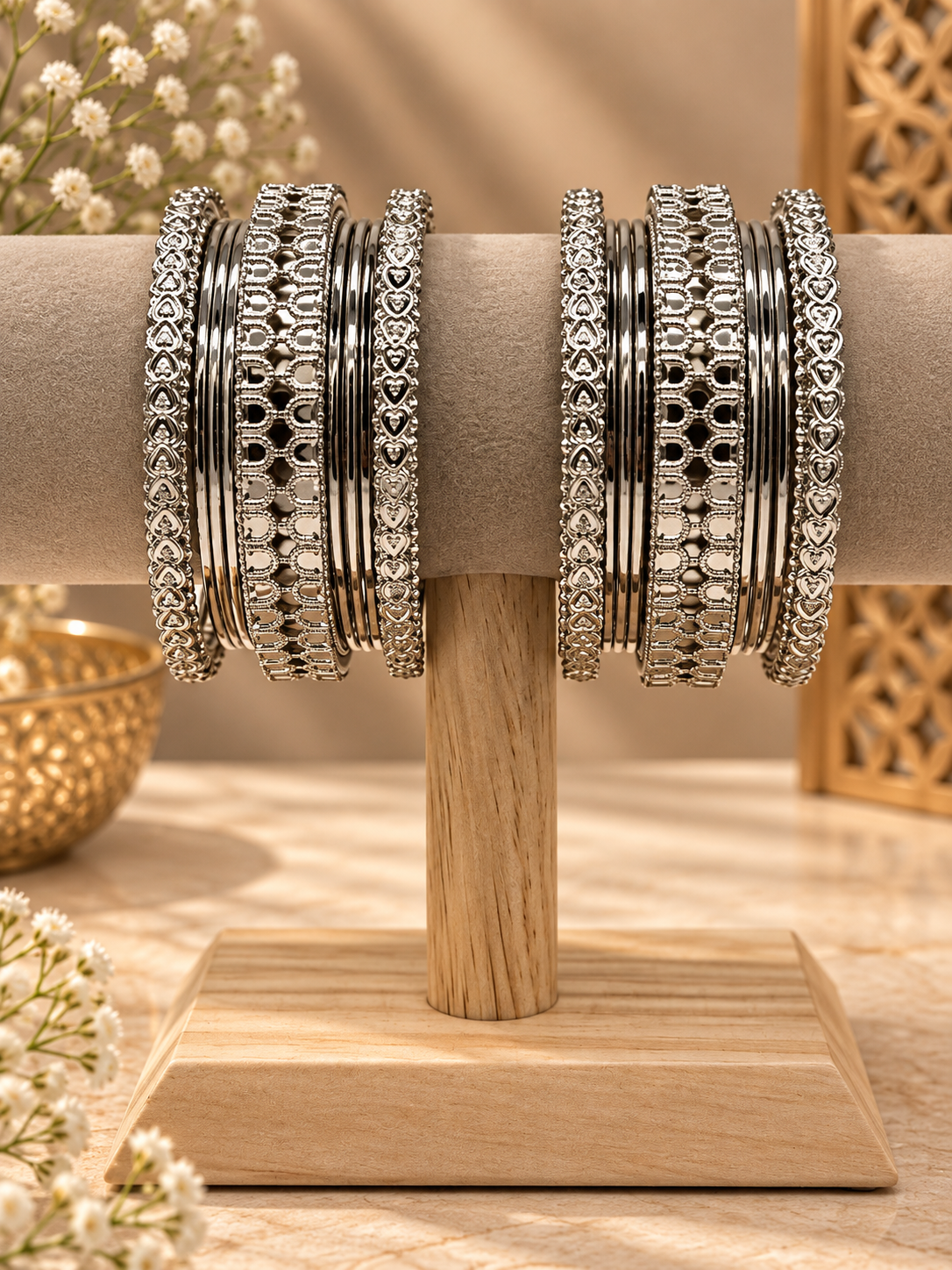 Silver Crystal Bloom Bangle Set