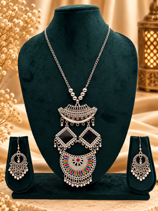 Oxidized Silver Multicolor Geometric Pendant Necklace Set
