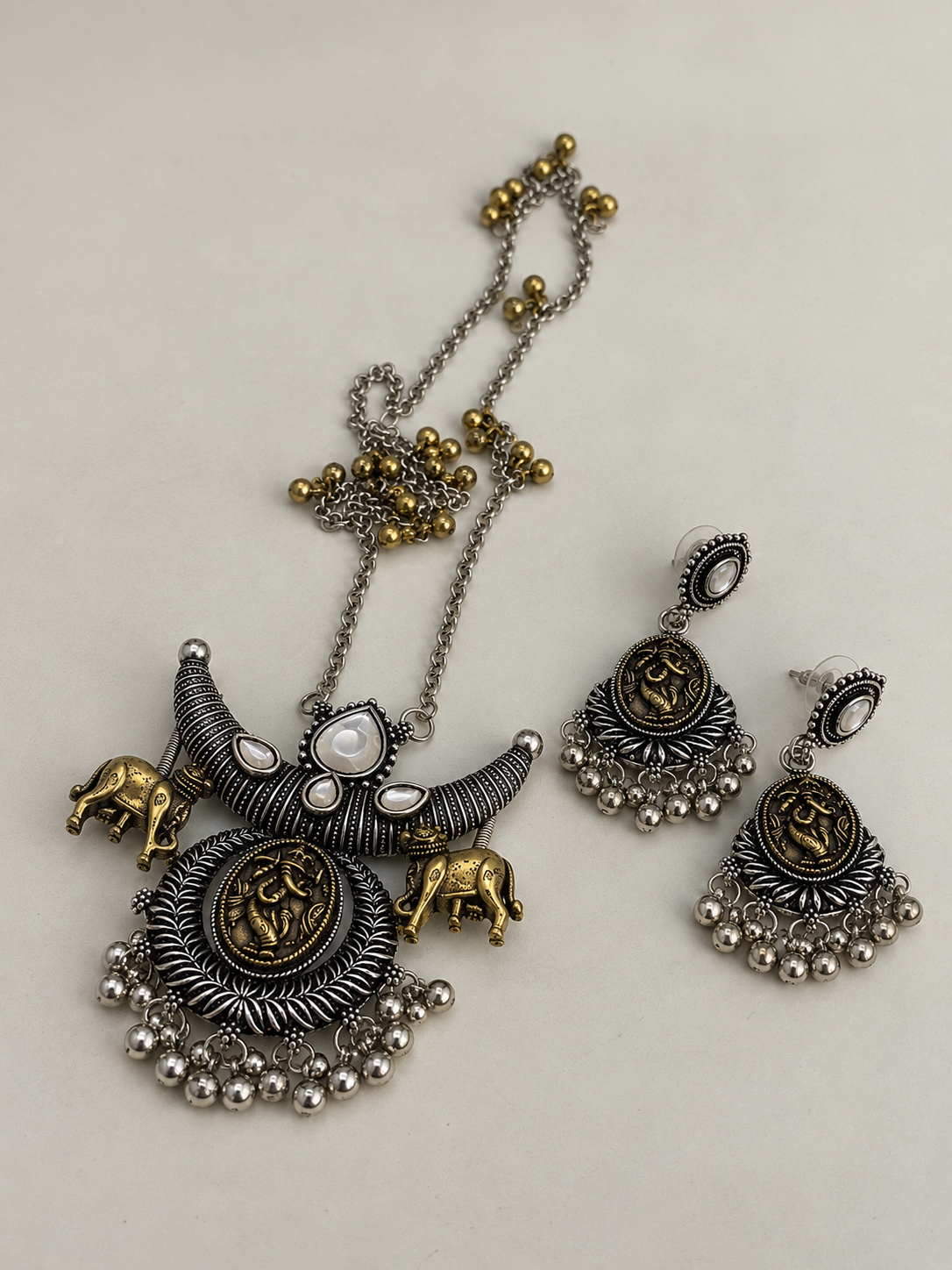 Oxidized Silver Crescent Pendant Necklace Set
