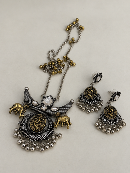 Oxidized Silver Crescent Pendant Necklace Set