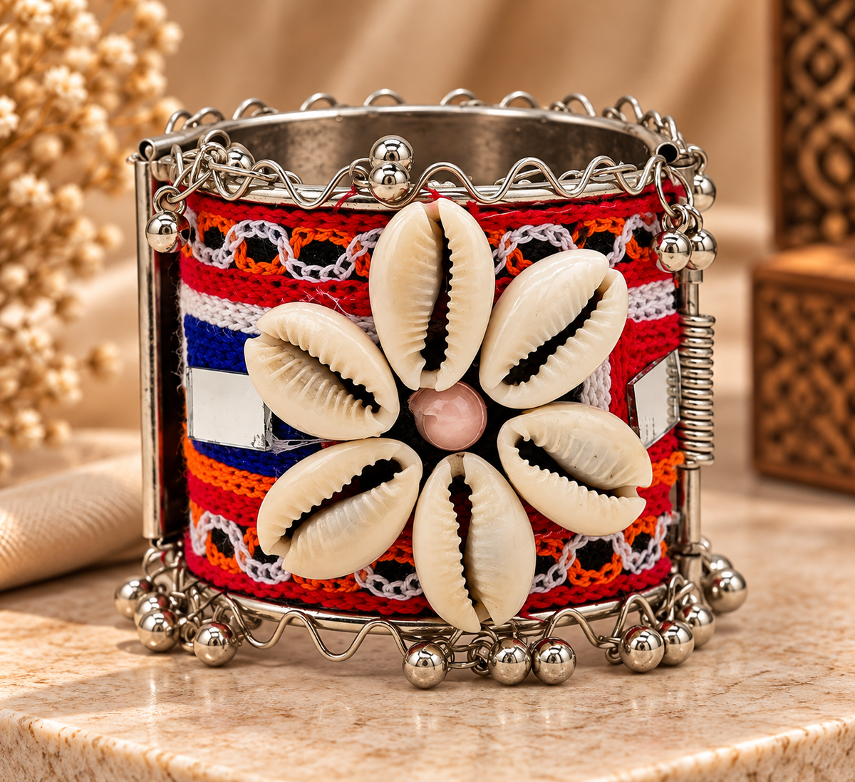 Antique Silver Red Tribal Cowrie Shell Statement BRACELET