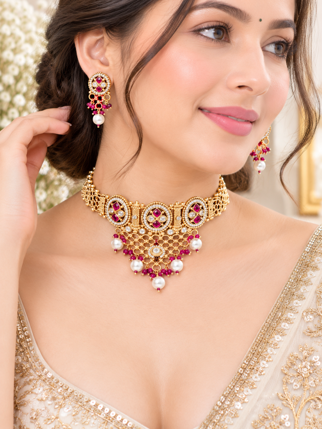 Ruby Kundan Choker Necklace Set