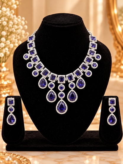 Royal Sapphire Statement American Diamond Necklace Set