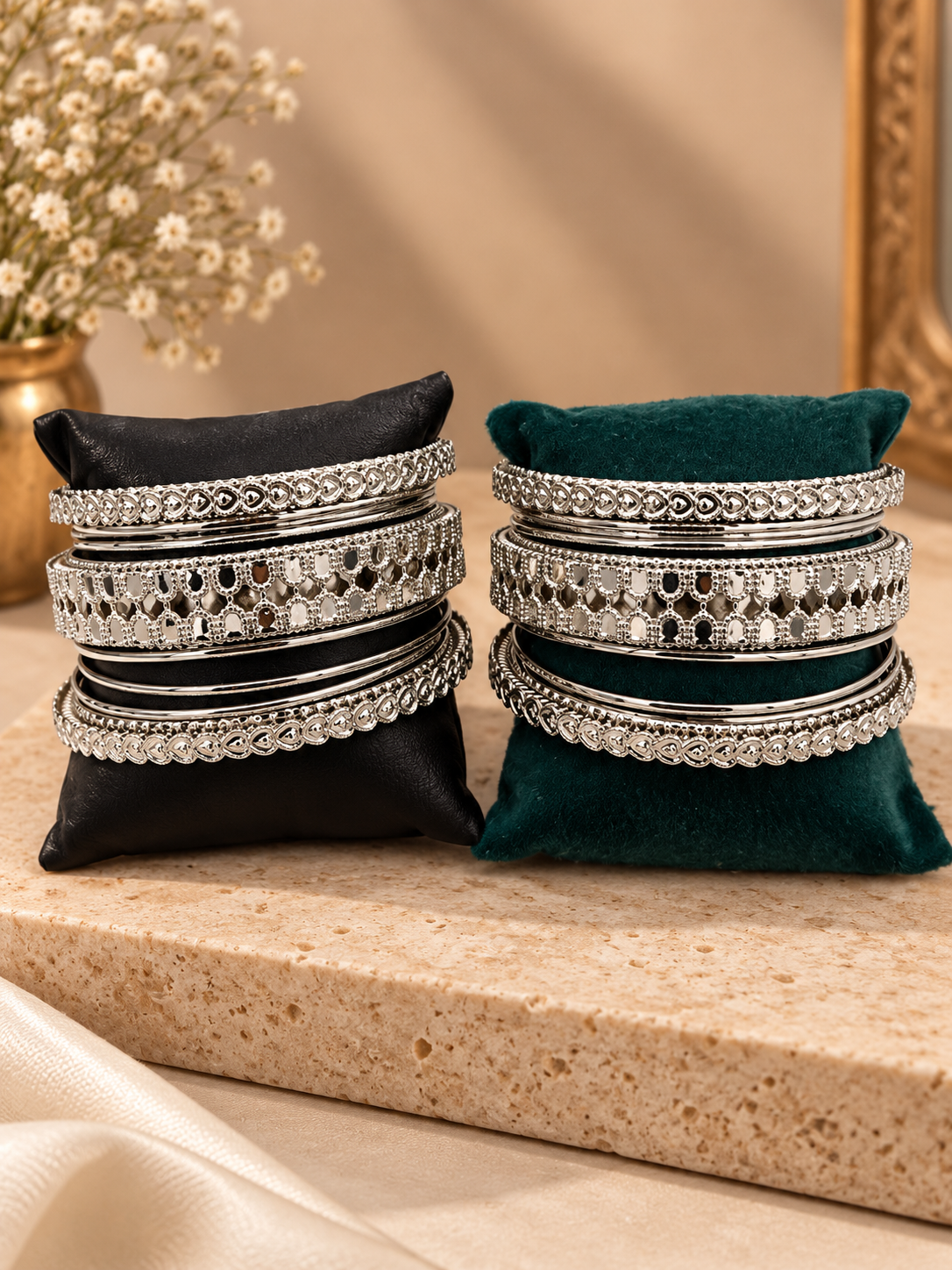 Silver Crystal Bloom Bangle Set