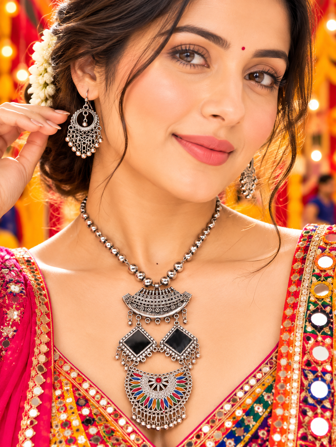 Oxidized Silver Multicolor Geometric Pendant Necklace Set