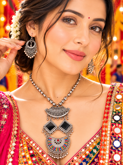 Oxidized Silver Multicolor Geometric Pendant Necklace Set