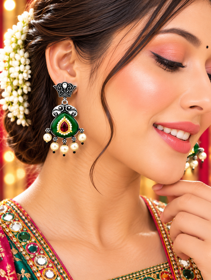 Green Enamel Pearl Drop Earrings